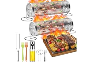 BEINHOME Rolling Grilling Baskets for Outdoor Grill BBQ Net Tube Stainless Steel Large Round Mesh Rotation Barbecue Cylinder Cage Cooking Accessories for Veggies Vegetable Fish Meat Food Camping