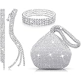 MTLEE Women Clutch Purse Rhinestone Jewelry Set 4 Pieces Rhinestone Ear Clip Bridal Wedding Choker Bracelet Dangle Ear Clip Triangle Bling Glitter Purse for Party