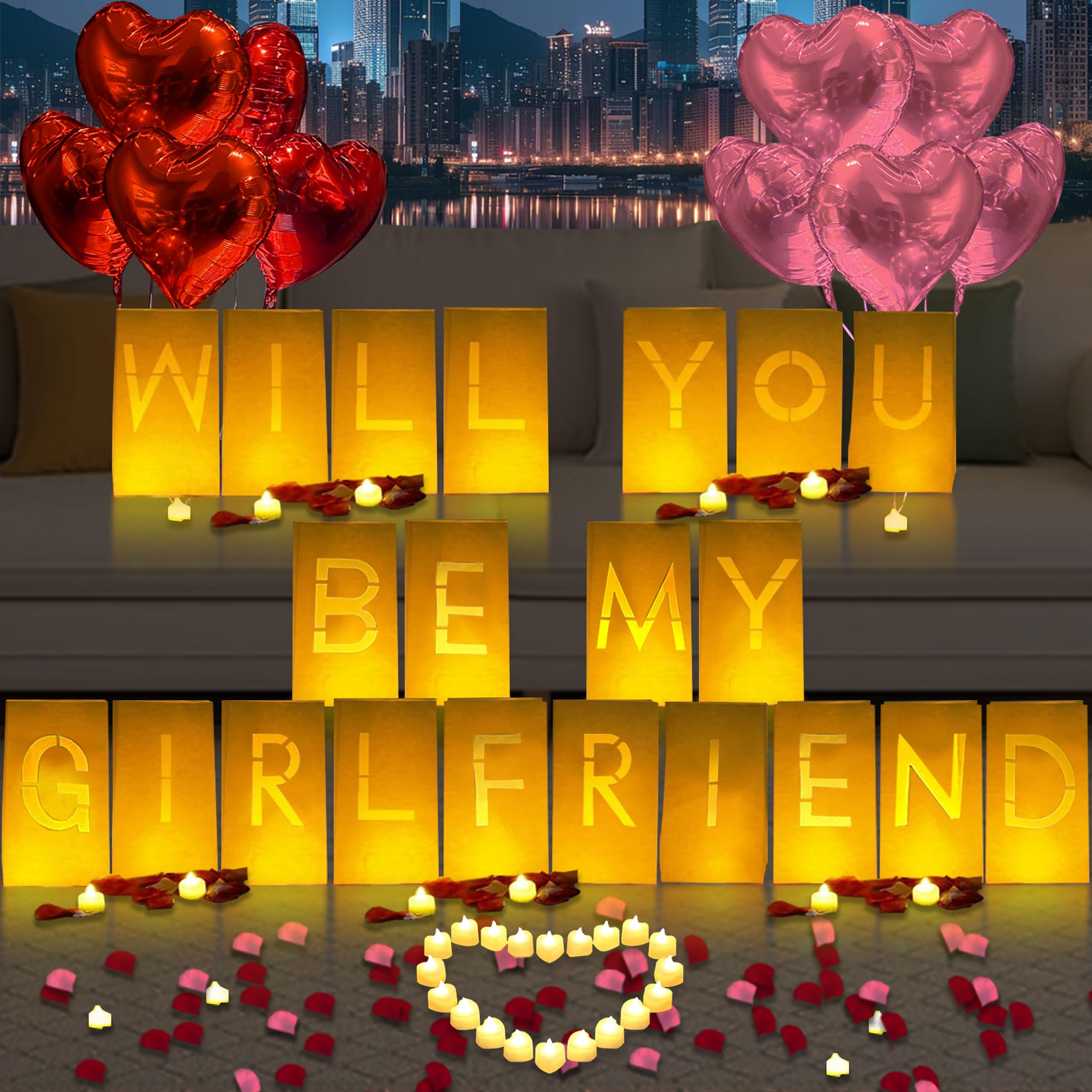 Photo 1 of Will You Be My Girlfriend Lighted Letters Sign 21pcs Luminary Paper Bags 2200pcs Red Pink Artificial Rose Petals 48pcs Flameless LED Candle Tealight 10pcs Heart Balloons Romantic Night Valentine's Day