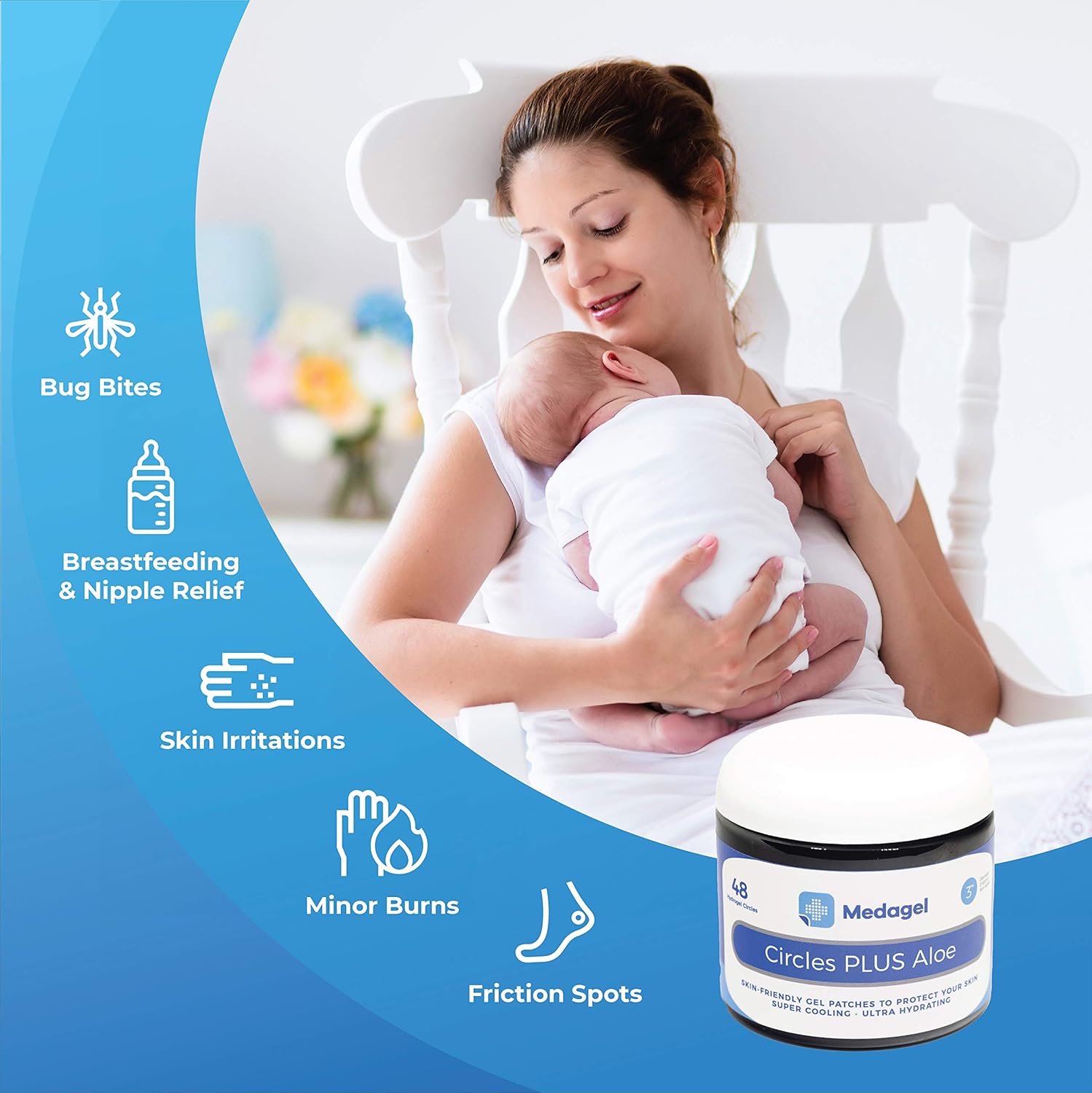 Medagel Circles Plus Aloe Hydrogel Pads - Instant Cooling and Soothing Relief for Nursing Pain, Blisters, Bug Bites, Minor Burns and Chafing - 48ct Circular Pads: Health & Personal Care