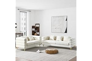 Wrofly Living Room Sofa and Loveseat Set, Modern Overstuffed Boucle Sherpa Deep Seat Cloud Couch with 5 Pillows, Oversized Chesterfield Furniture Sets for Living Room Bedroom, Beige White Teddy