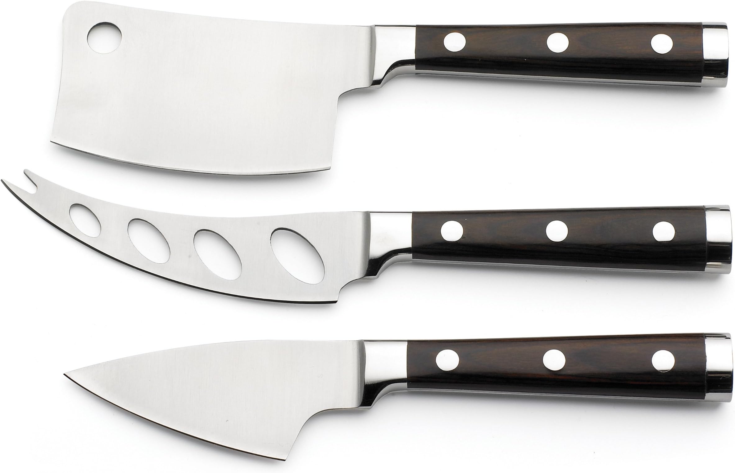 Legnoart Spicy CK1DX Latte Vivo Cheese Knives, Fully Forged with Pakkawood Handle and Leather Gift Pouch (Set of 3), Stainless Steel/Brown