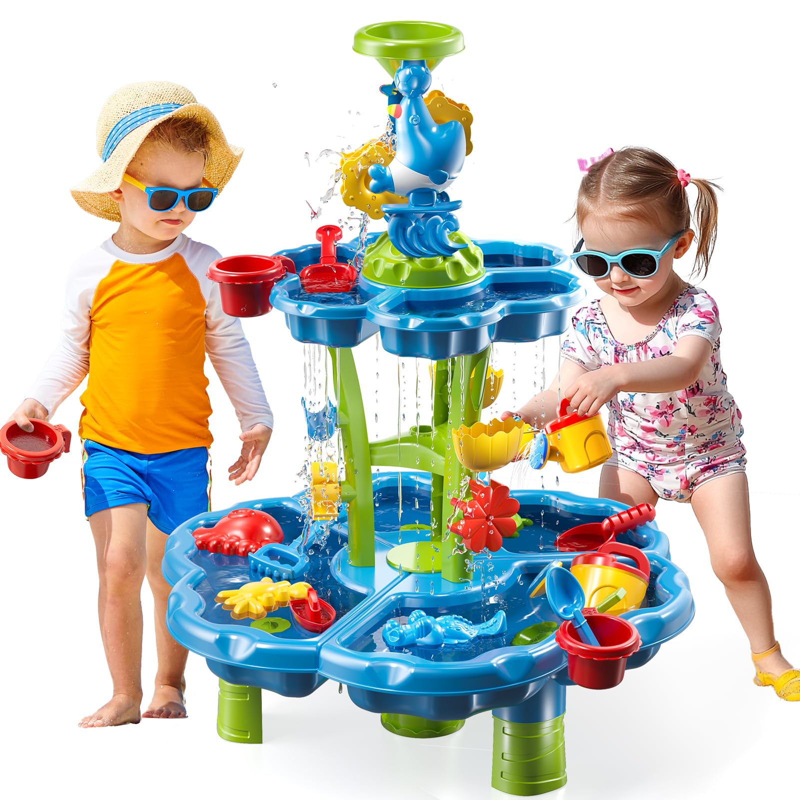 Photo 1 of Water Table for Toddlers 3-5 4-8, 2-Tier 3 in 1 Kids Sand and Water Table, Summer Outdoor Beach Outside Backyard Activity Sensory Water and Sand Tables, Birthday Party Gift for Kids Boys and Girls