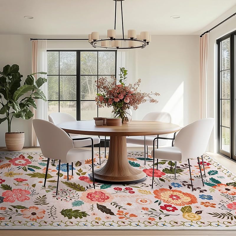 Alfombra de salón, 140 x 200 cm, estilo vintage floral, lavable y antideslizante, estampado plano, diseño ultrafino, ideal para dormitorios, habitaciones infantiles, baños y lavanderías, color beige — foto 7 de 8