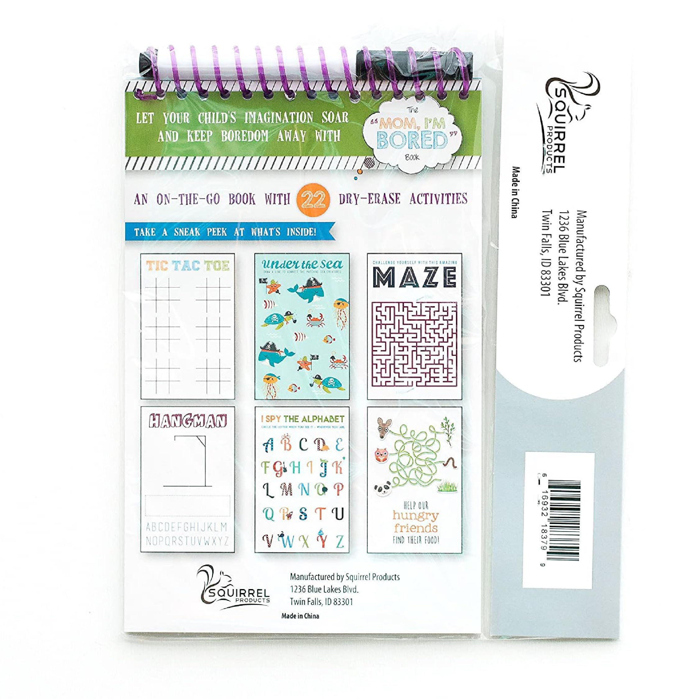 Squirrel Products Mom, I'm Bored Children's Activity Book, Fun Reusable Dry Erase Toy - Roadtrip Essentials, Word Games, Screen Free Activites for Kids Ages 3 and Up - Original Version