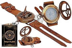 Hanzla Collection Steampunk Antique Brass Sundial Compass Handmade Leather Band Wrist Compass and Nautical Sundial Watch