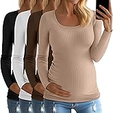 Huukeay 4 Pack Women's Cotton Maternity Tops Long Sleeve Ribbed Side Ruched Scoop Neck Shirts Casual Mama Pregnancy Clothes