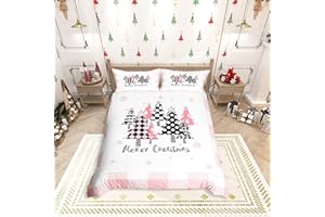 Manfei Christmas Kids Duvet Cover Set (No Comforter) Full, Pink Plaid Xmas Trees Print Bedding Set 3pcs for Girls Women Bedroom Decor, Western New Year Theme Comforter Cover with 2 Pillowcases