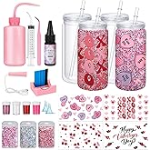 Meanplan 4 Pack Valentine's Day DIY Snow Globe Tumbler Supplies Kits, Red Pink Color Love Heart UV DTF Cup Wraps 16oz Double Wall Can 7 Colors Glitter Squeeze Bottle Scraper UV Resin Flashlight Funnel