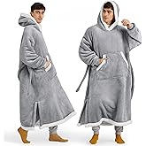 Bedsure Wearable Blanket Hoodie, Long Hooded Blanket Sweatshirt as Christmas Birthday Gifts for Men, Cozy Sherpa Hoodie for Adult, Oversize, Grey