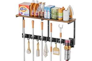 OLAKEE Broom Holder Wall Mount with Cleaning Supplies Organizer, Laundry Room Organization and Storage Shelves with Mop Hanger Rack Gripper Hooks, Utility Shelf Closet Organizer for Home Garage Kitchen