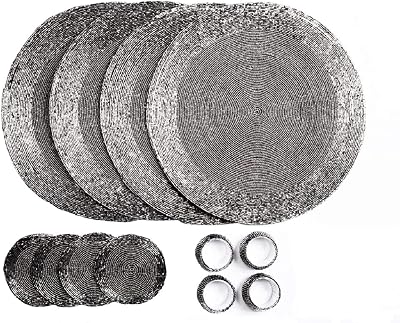 Penguin Home Handcrafted Glass Beaded Placemats Set of 12 Antique Silver
