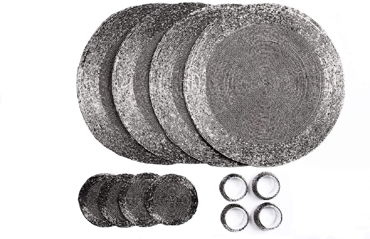 Penguin Home Handcrafted Glass Beaded Round Placemats, Coasters & Napkin Rings Set of 12 - Handmade Table Place Mats for Dining - 32 cm (13") Diameter (Antique Silver)