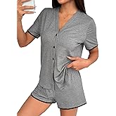 Hilinker Womens Button Up Pajamas V Neck Short Sleeve Tops and Shorts Sleepwear 2 Piece Lounge Set