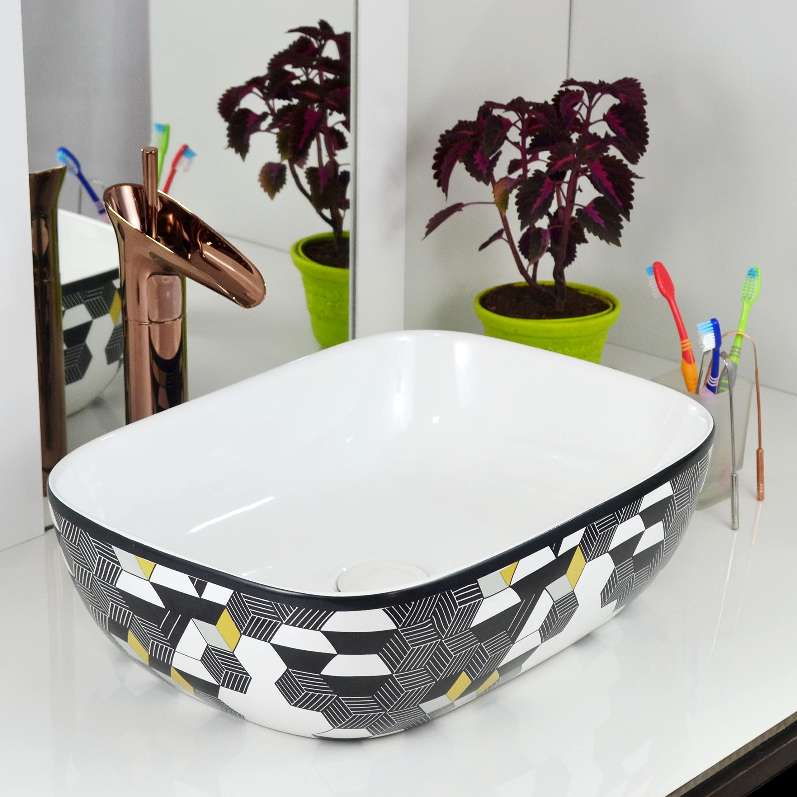 Reyal Imported Ceramic Tabletop Wash basin | Countertop Vessel Sink | Bathroom Wash Basin over counter(18 x 13 x 5.5 Inch) Glossy White (Black Honeycomb Lines) 3