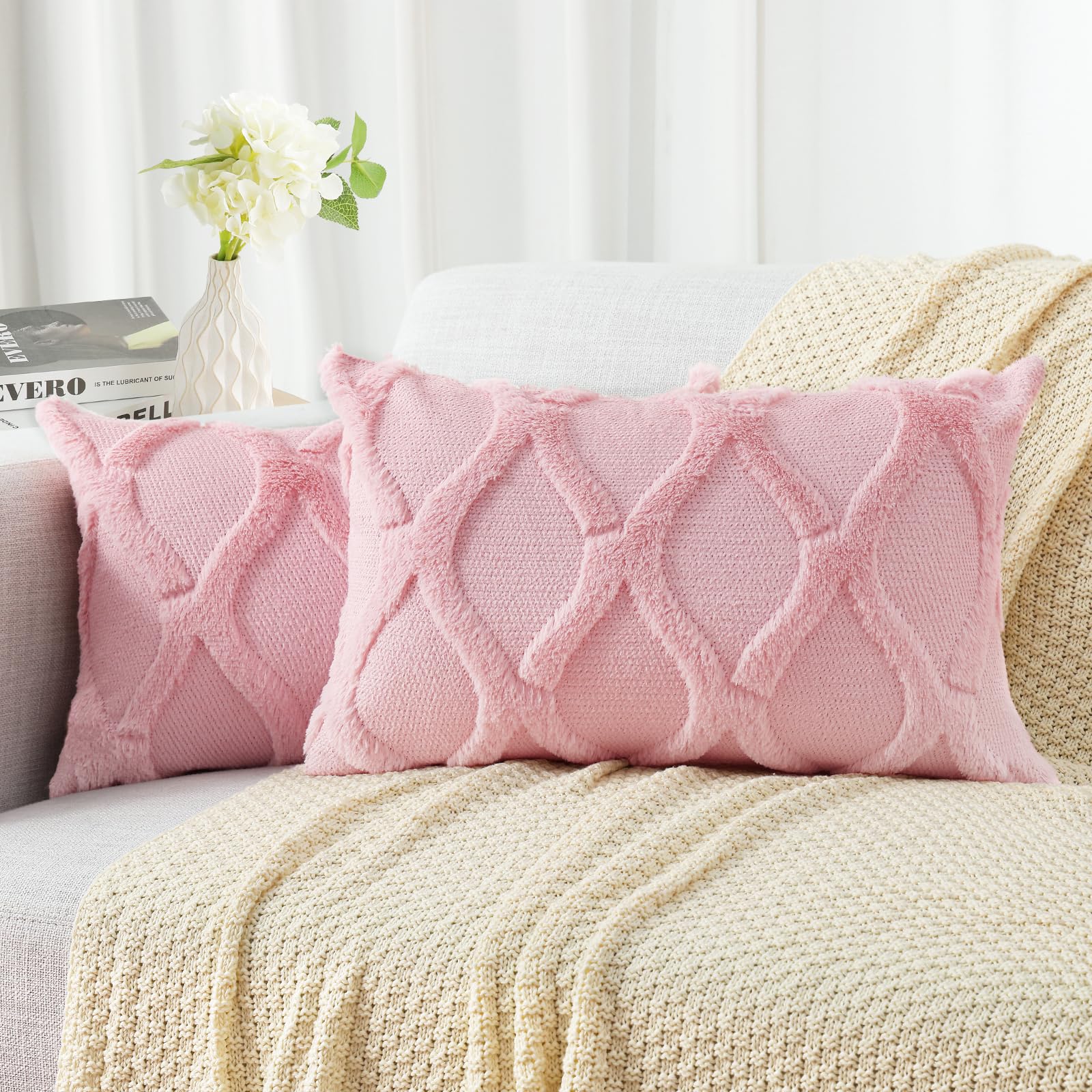Photo 1 of decorUhome Summer Throw Pillow Covers 12x20 Inch Set of 2, Soft Plush Faux Fur Wool Lumbar Blush Pink Accent Couch Pillow Covers for Modern Farmhouse Bed Sofa Living Room
