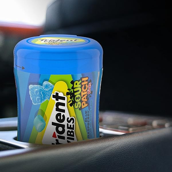 TRIDENT VIBES SOUR PATCH KIDS BLUE RASPBERRY SUGAR-FREE CHEWING GUM, 4 BOTTLES OF 40 PIECES (160 TOTAL PIECES)