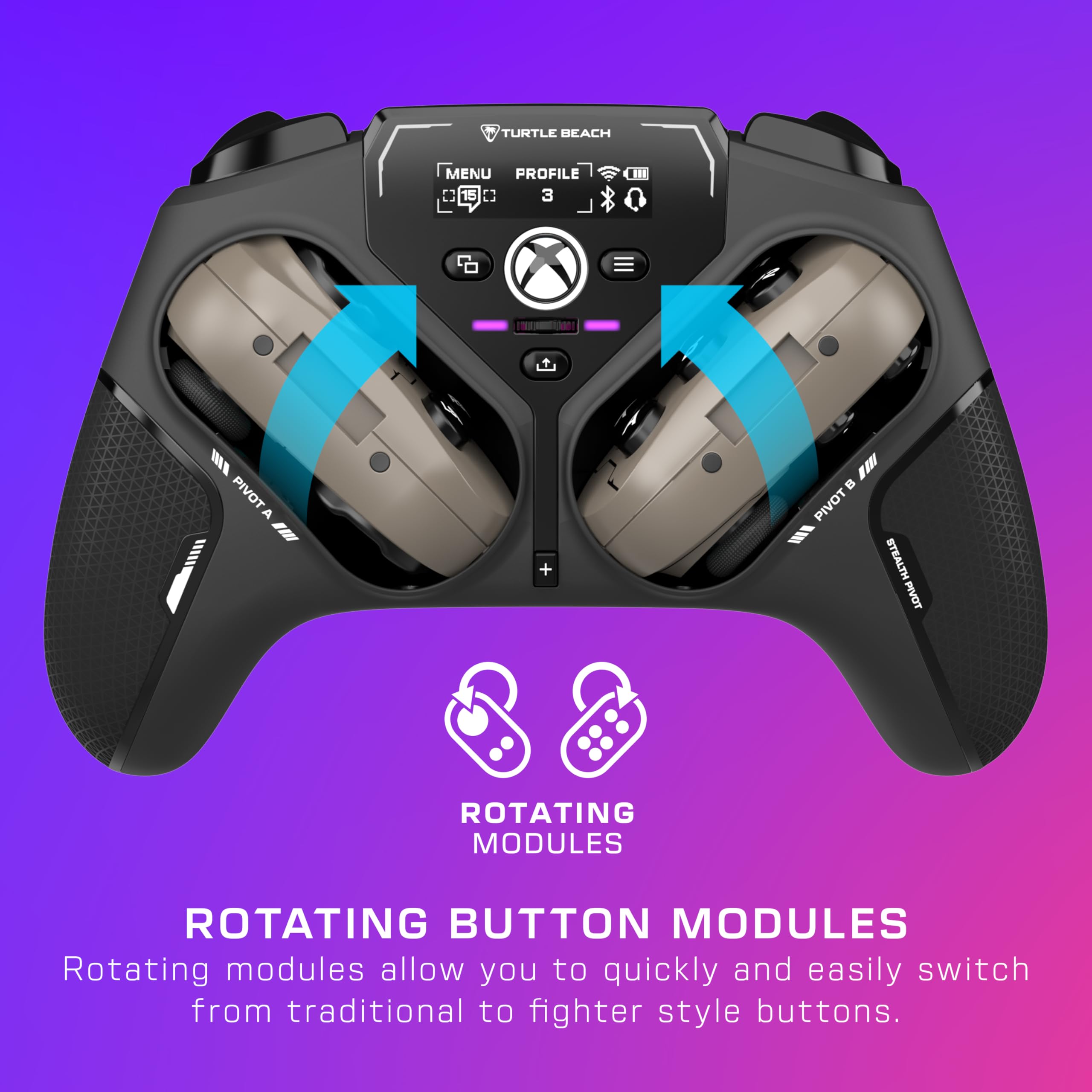 Turtle Beach Stealth Pivot Wireless Smart Game Controller Officially Licensed for Windows PC – Rotating Modules, Display Dashboard, Hall-Effect Sticks, Remappable Buttons, Bluetooth, 20-Hour Battery