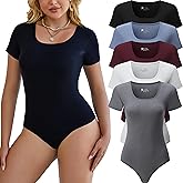 Chongbaijia 5 Pack Short Sleeve Bodysuits for Women Square Neck Casual Stretchy Basic Body Suits Tops T Shirts