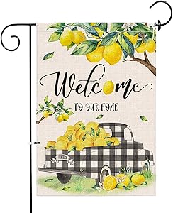 KamaLove Lemon Truck Summer Garden Flag Vertical Double Sided, Welcome Small Burlap Yard Flag 12×18,Spring Summer Rustic Outdoor Lawn Decoration for Home