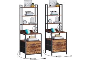 TRIFEBLE Tall Nightstand Set of 2 with Charging Station and Fabric Drawers, 49.6" Tall Bedside Table with 5-Tier Storage Shelves, Night Stand with Bookshelf, End Side Table for Bedroom, Rustic Brown