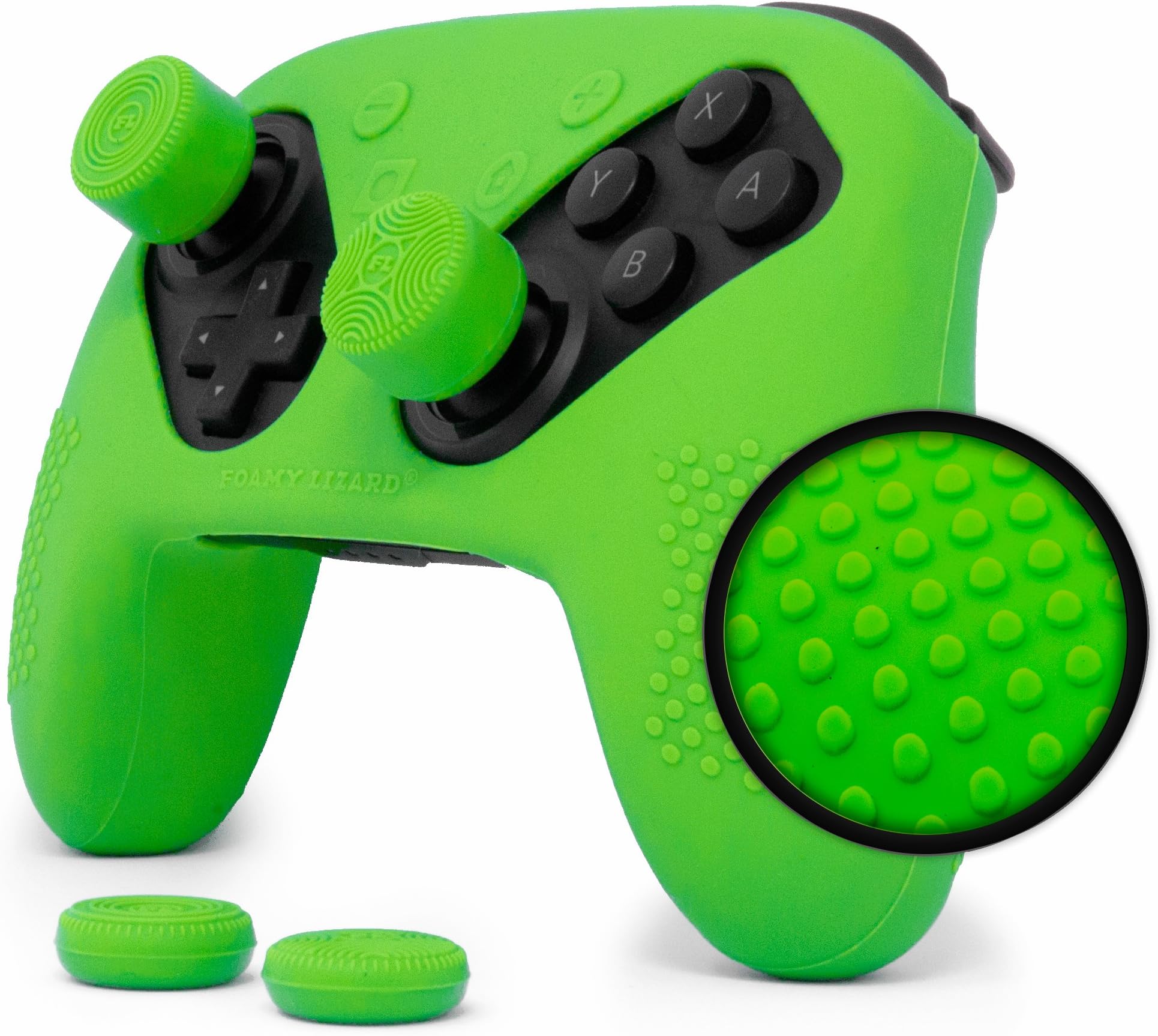 Nintendo Switch Pro Controller Skin Set by Foamy Lizard - AlphaPro Grip, STUDDED Sweat Free Silicone Cover w/ Flat Anti-slip Studs PLUS set of 4 QSS-Pro Thumb Grips (SKIN + QSS-P GRIPS, GREEN)