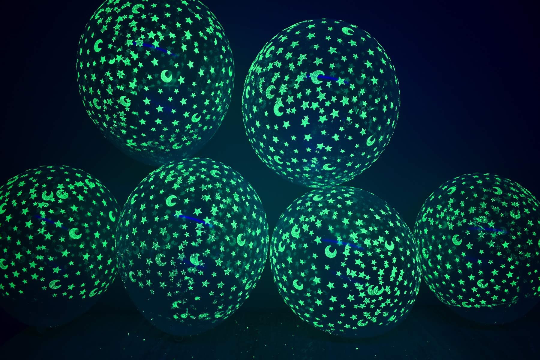 DirectGlow 11 inch Glow in The Dark Moons and Stars Clear Latex Party Balloons (50)
