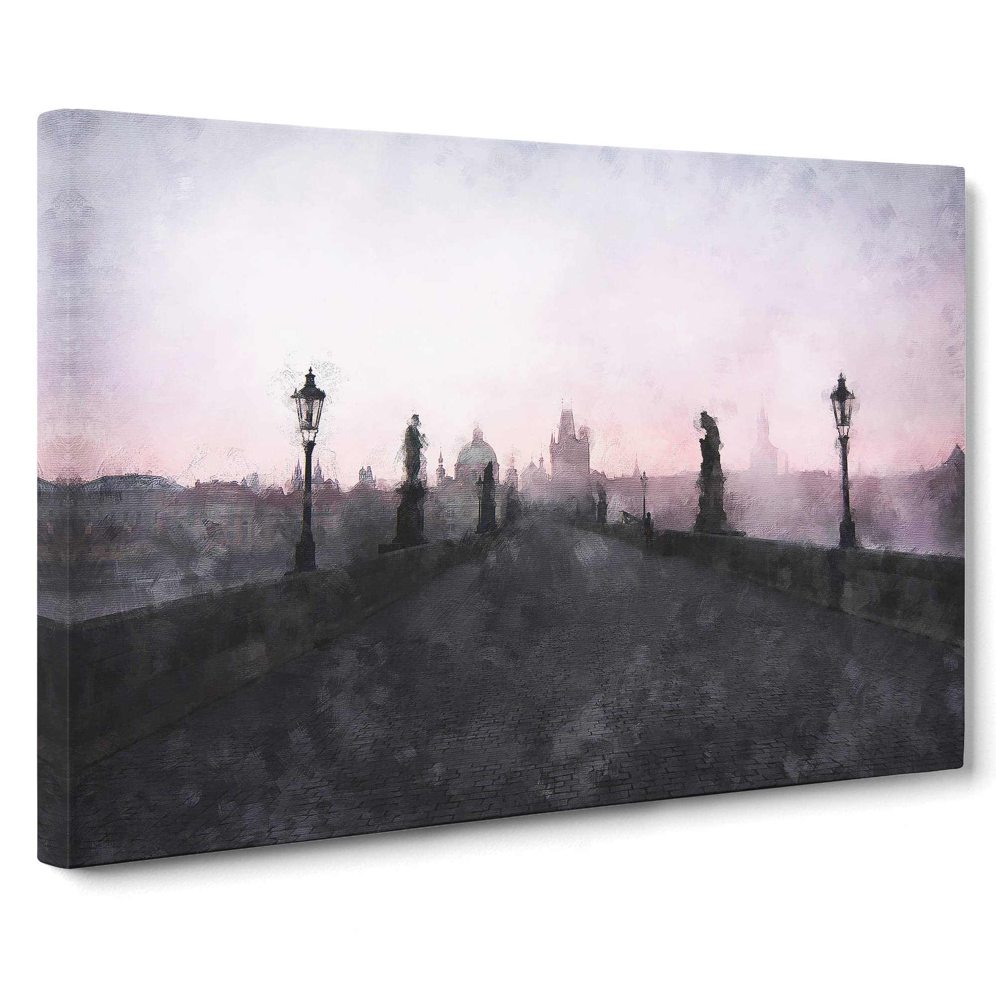 Charles Bridge In Prague Canvas Print | Gallery Wrapped 30mm Frame Wall Art | 20x14 inches | Ready to Hang | Abstract Cityscape Picture | Living Room Bedroom Lounge Office