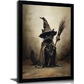 Framed Gothic Witch Black Cat Wall Art, Vintage Halloween Canvas Print Poster, Dark Academia Spooky Decor for Living Room Bedroom, Witchy Home Decoration,