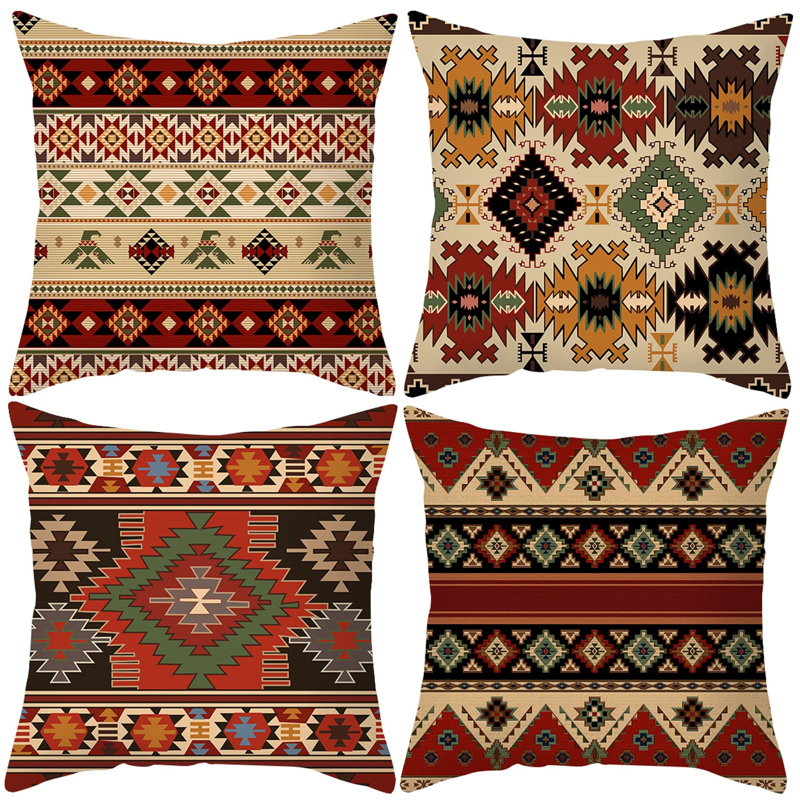 HOSTECCO Aztec Tribal Cushion Covers 45x45 cm Pack of 4 Ethnic Geometric Cushion Cases Western Decorative Pillow Cases for Sofa Bed