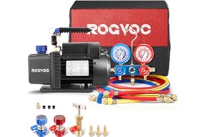 Rogvoc 3.5 CFM AC Vacuum Pump and Manifold Gauge Set, 110V 1/4 HP Single Stage Rotary Vane Air Vacuum Pump HVAC for R12, R22, R410a, R134a AC Refrigerant Recharging with Carry Bag