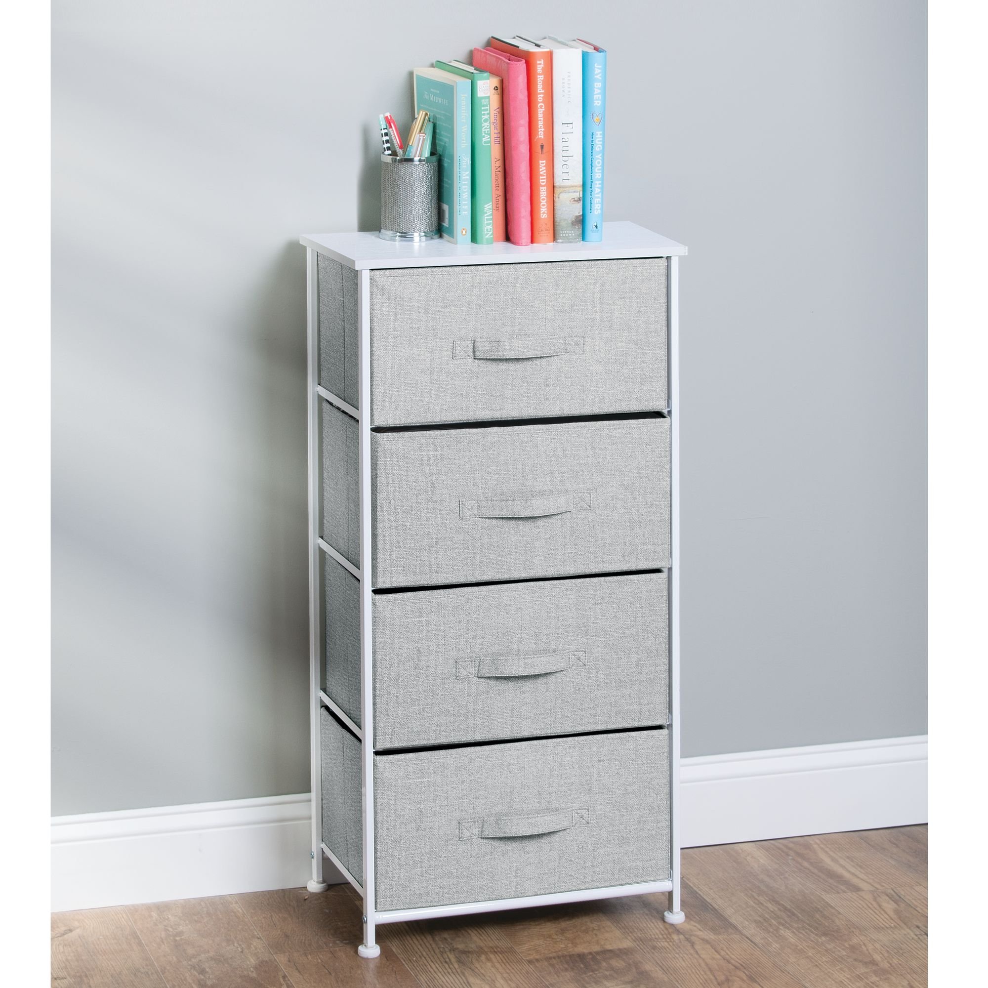 mDesign Vertical Dresser Storage Tower - Sturdy Steel Frame, Wood Top, Easy Pull Fabric Bins - Organizer Unit for Bedroom, Hallway, Entryway, Closets - Textured Print - 4 Drawers, Gray/White