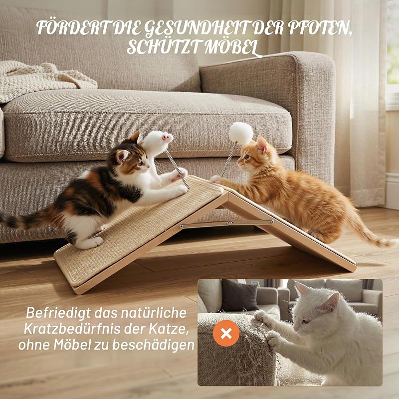 Kratzrampe für Katzen, Sisal Kratzbrett Holzrampe, Faltbares Dreieck Katzenkratzbrett mit 2 Federplüschspielzeugen, Möbel Schutz Kratzmatte für Mehrere Haustiere Innenraum Non-Slip