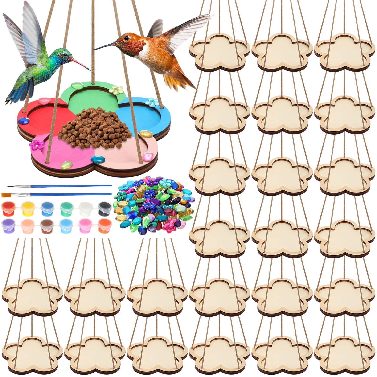 Photo 1 of DoubleFill 24 Pcs Operation Christmas DIY Bird Feeder Craft Kits for Kids, 24 Flower Wooden Bird Feeder, 4 Sets Watercolor and 200 Acrylic Diamonds for Children Fall Craft Activity Art DIY Project