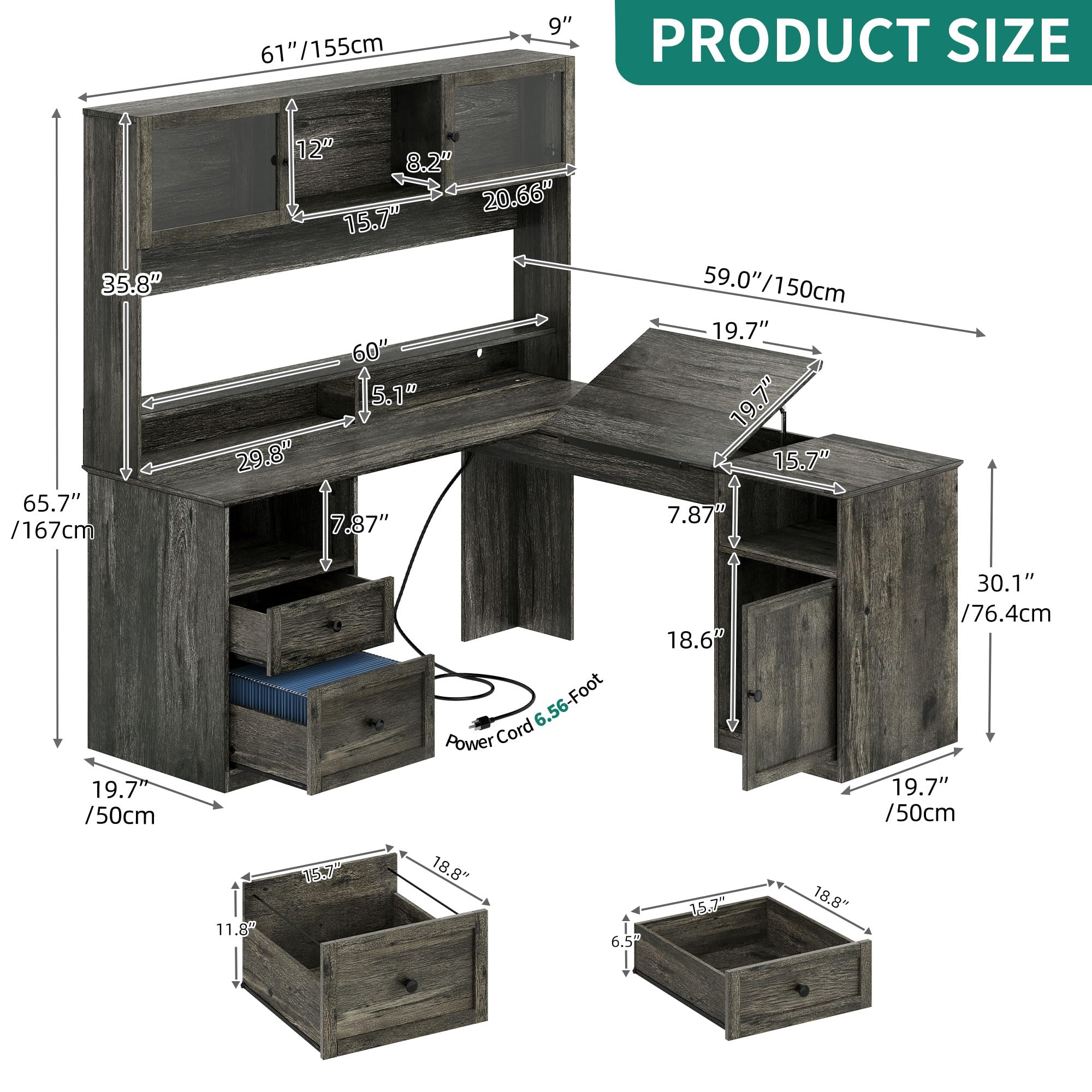 Photo 1 of *MISSING PARTS - See Clerk Notes*
YITAHOME L Shaped Desk with Drawers & Hutch, 61" Computer Desk with Power Outlets & LED Lights, Corner Office Desk with Storage Cabinet, Drafting Table, Wood Desk, Dark Grey