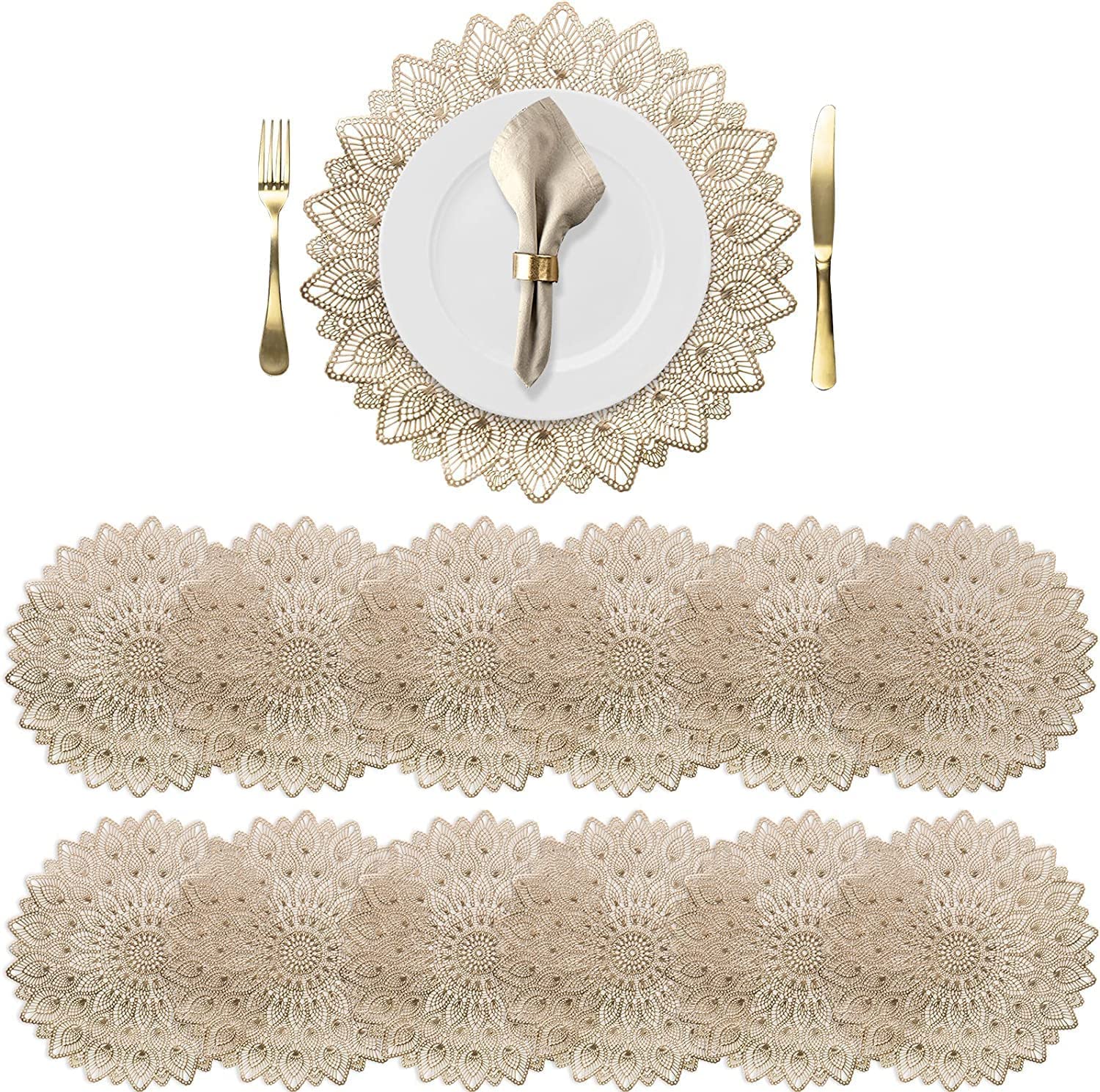 WUWEOT 12 Pack Gold Vinyl Placemats, Metallic Place Mat Gold Round Placemat Heat Resistant Kitchen Dining Table Mats for Christmas Thanksgiving Wedding Centerpiece Decoration