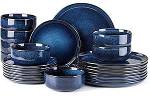 E-far Dinnerware Sets for 8, 24-Piece Stoneware Plates and Bowls Set, Ceramic Dishes Reactive Glaze Dinning Ware, Microwave &
