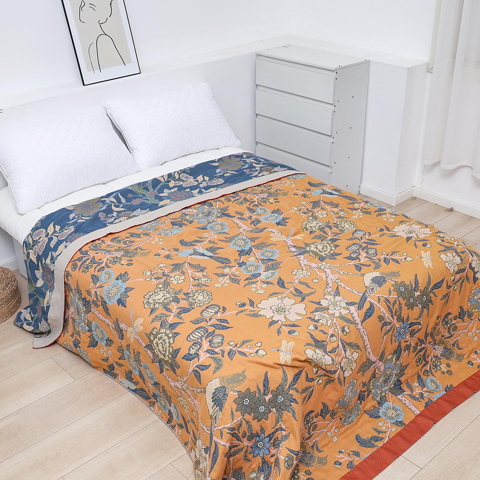 Snylcce Double-sided Bohemian Large Throw Blanket - 100% Organic Cotton Handwoven Bed & Sofa Throw, Cozy Boho Accent for 2-3 Seater Couches and Armchairs - 200x230cm,Birds in the Woods Orange
