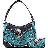 Tooled Leather Floral Laser Cut Flower Feather Purse Studs Country Western Handbag Women Shoulder Bag Trifold Wallet Set