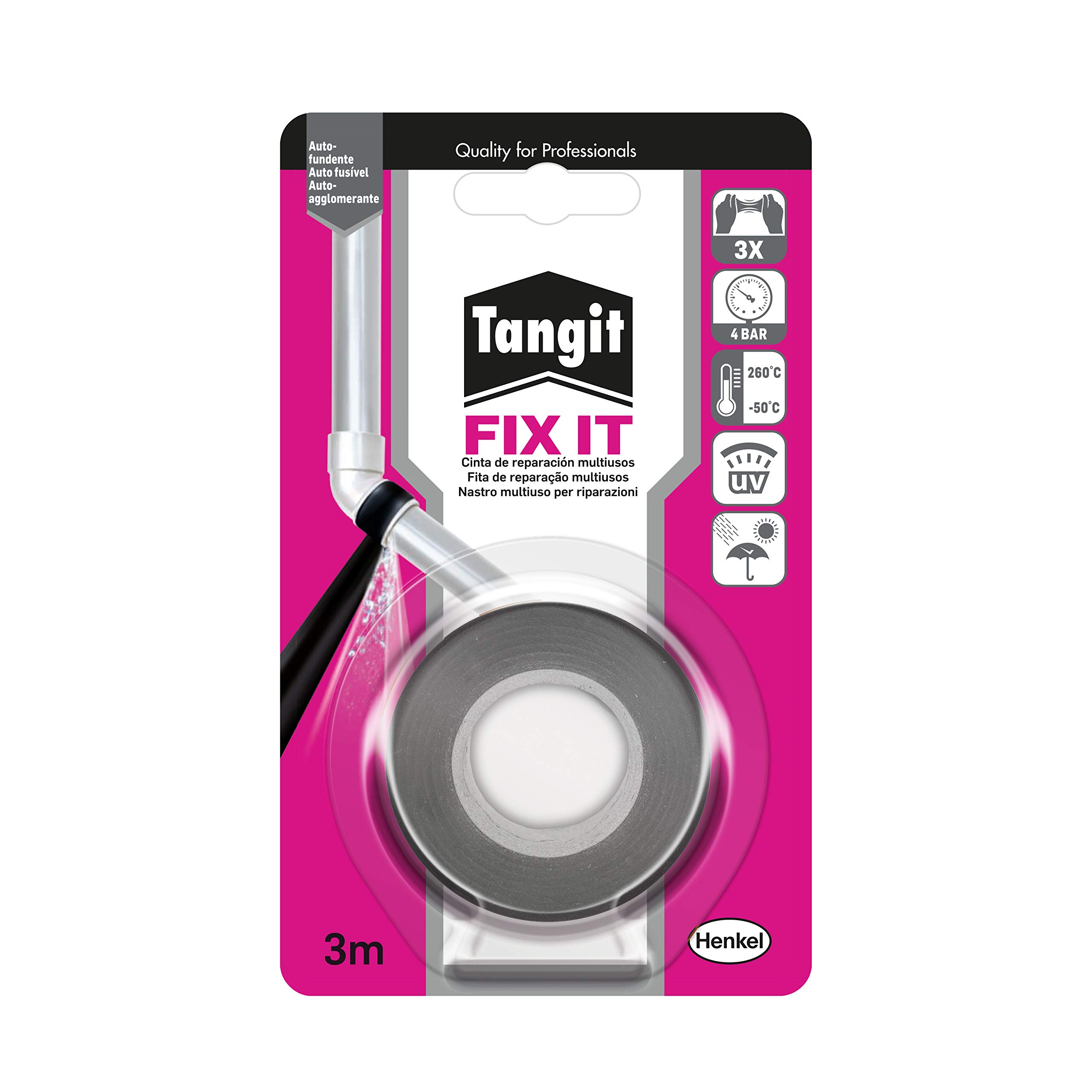 Tangit Fix It Tape, Self-Caking Tape, for Repairing Indoors and Outdoors, Withstands up to 4 Bar Pressure, Elastic, Applicable to Wet Surfaces, Black, 3m Tape