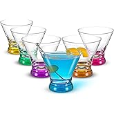 JoyJolt Hue 7.5oz Martini Glasses, Cocktail Glassware Set of 6, Colored Glass Base, Stemless Drinking Glasses for Margarita, Bar, Shrimp Cocktail, Juice