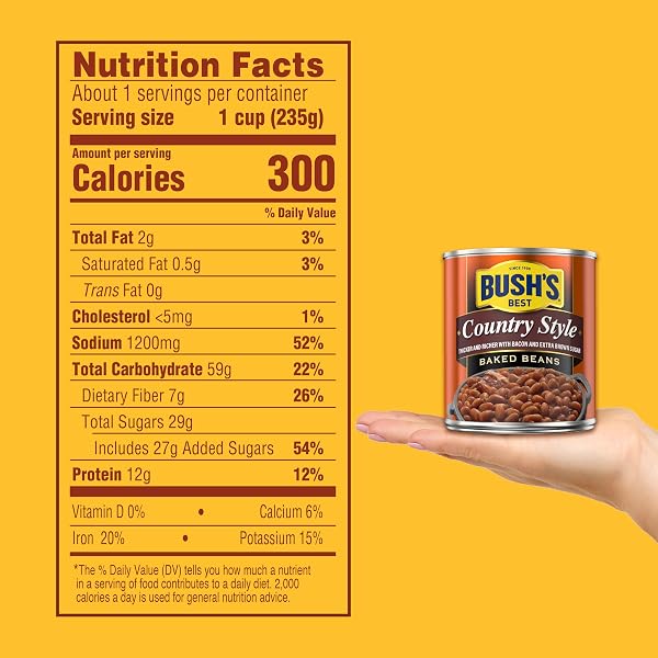 BUSH’S BEST 8.3 OZ CANNED BAKED BEANS, COUNTRY STYLE WITH BACON AND BROWN SUGAR, SOURCE OF PLANT BASED PROTEIN AND FIBER, LOW FAT, GLUTEN FREE, (PACK OF 12)
