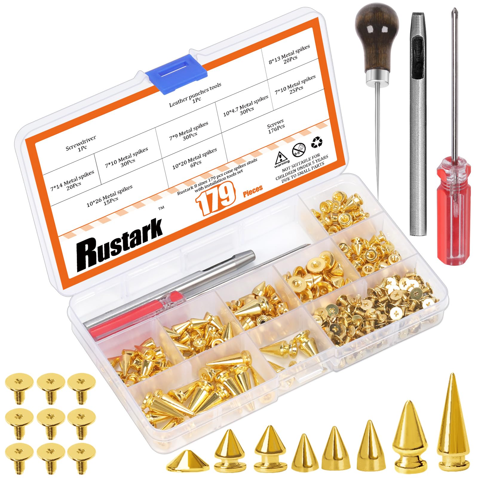 Rustark 179Pcs 8 Sizes Gold Metal Punk Spikes and Studs Assortment Kit with Tools Punk Rivet Studs Rivets Screw Screwback Studs Rivets for Punk Style Clothing Accessories Craft Decoration