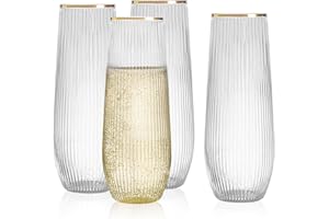 HOMIP 36pcs Plastic Champagne Flutes with Gold Rim - 9oz BPA-free Disposable Champagne Glasses, Ribbed Ripple Design for Weddings, Parties, Bars & Events (Stemless, Durable)