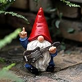 Garden Gnome with Guitar 7.1“ Figurine Ornament for Indoor Outdoor Home Patio Yard Lawn, Red Hat, Blue Outfit, Indoor Outdoor Decorative Statue