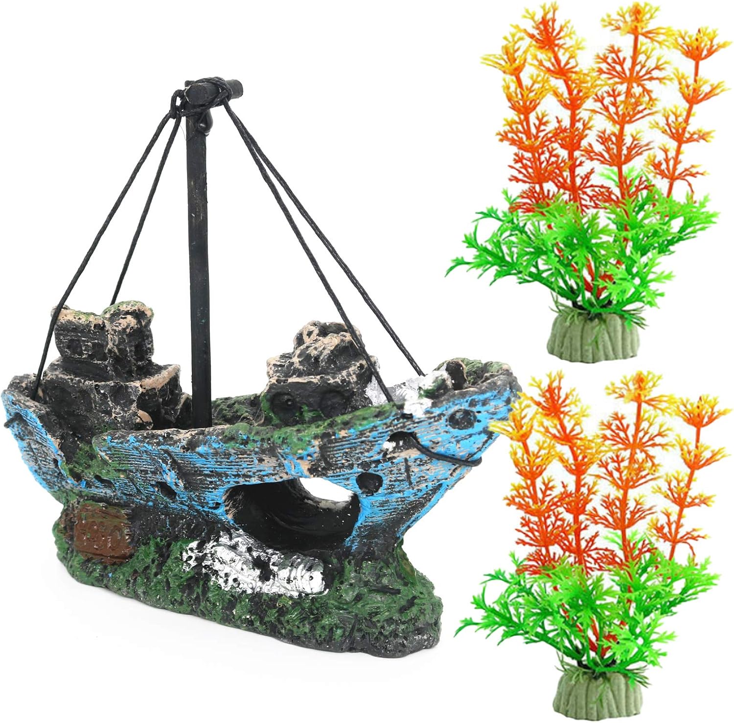 Magicwolf Aquarium Shipwreck Decorations Set Resin Sunken Ship Fish Tank Ornaments for Aquarium Environments Decor Accessories, Shipwreck x 1, Aquatic Plant x 2