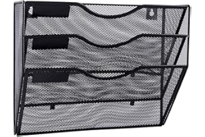 EASEPRES 3 Pocket Mesh Hanging Wall File Organizer, Wall Mounted Mail Paper Document Folder Holder, Clipboard Storage Organization Magazine Rack with Nametag Label for Office Home School, Black
