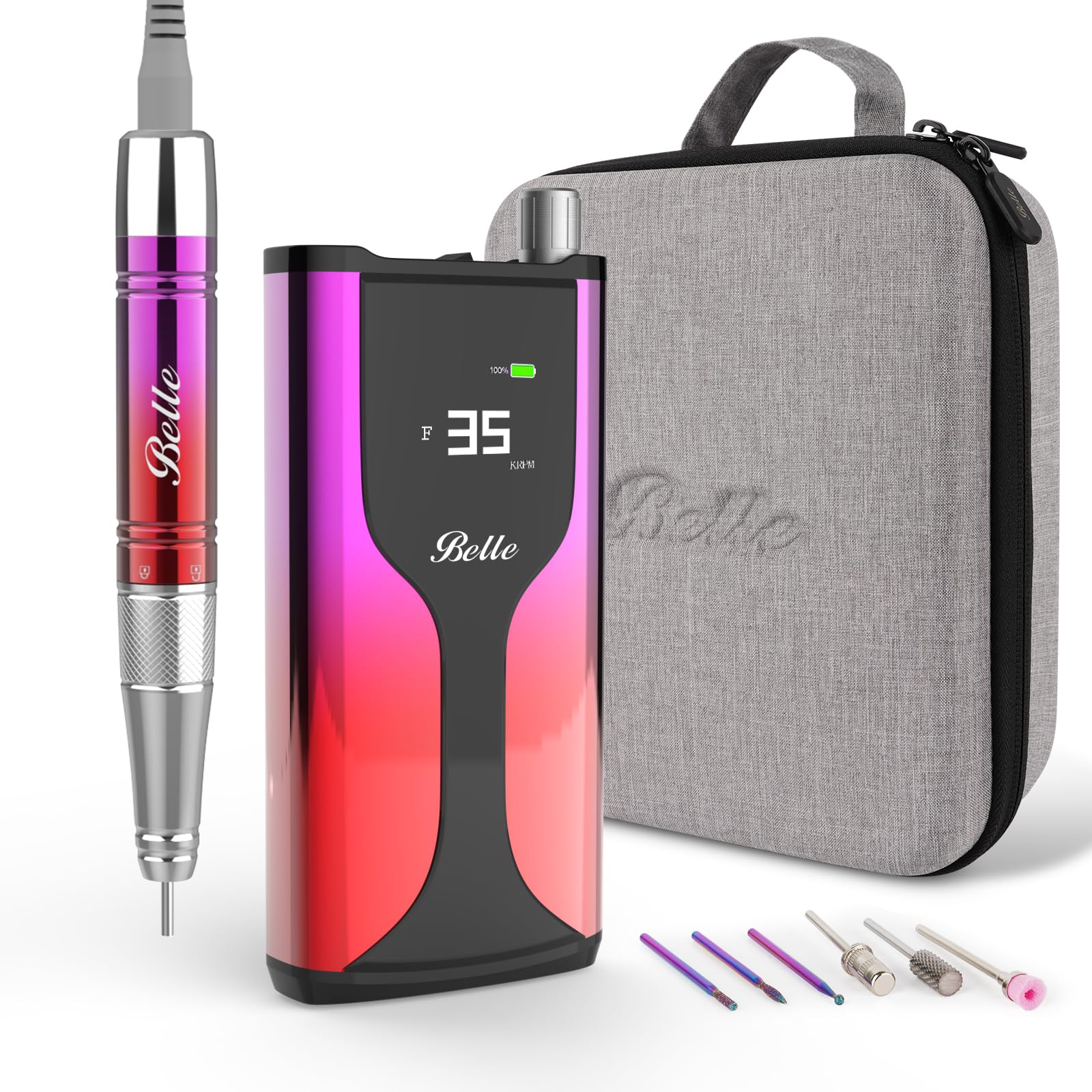 Photo 1 of Belle Professional Nail Drill Machine, Upgraded Brushless Motor 35000RPM, Rechargeable Cordless Nail File for Acrylic Gel Nails with 6 Nail Drill Bits and Carrying Case, Light Pink