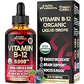 USDA Organic Vitamin B12 Sublingual Drops - 5000 mcg Liquid Vegan Methylcobalamin for Women & Men - Energy Boost, Focus & Mood, Brain Health Support - Maximize Absorption - 2 Month Supply, 2 fl oz