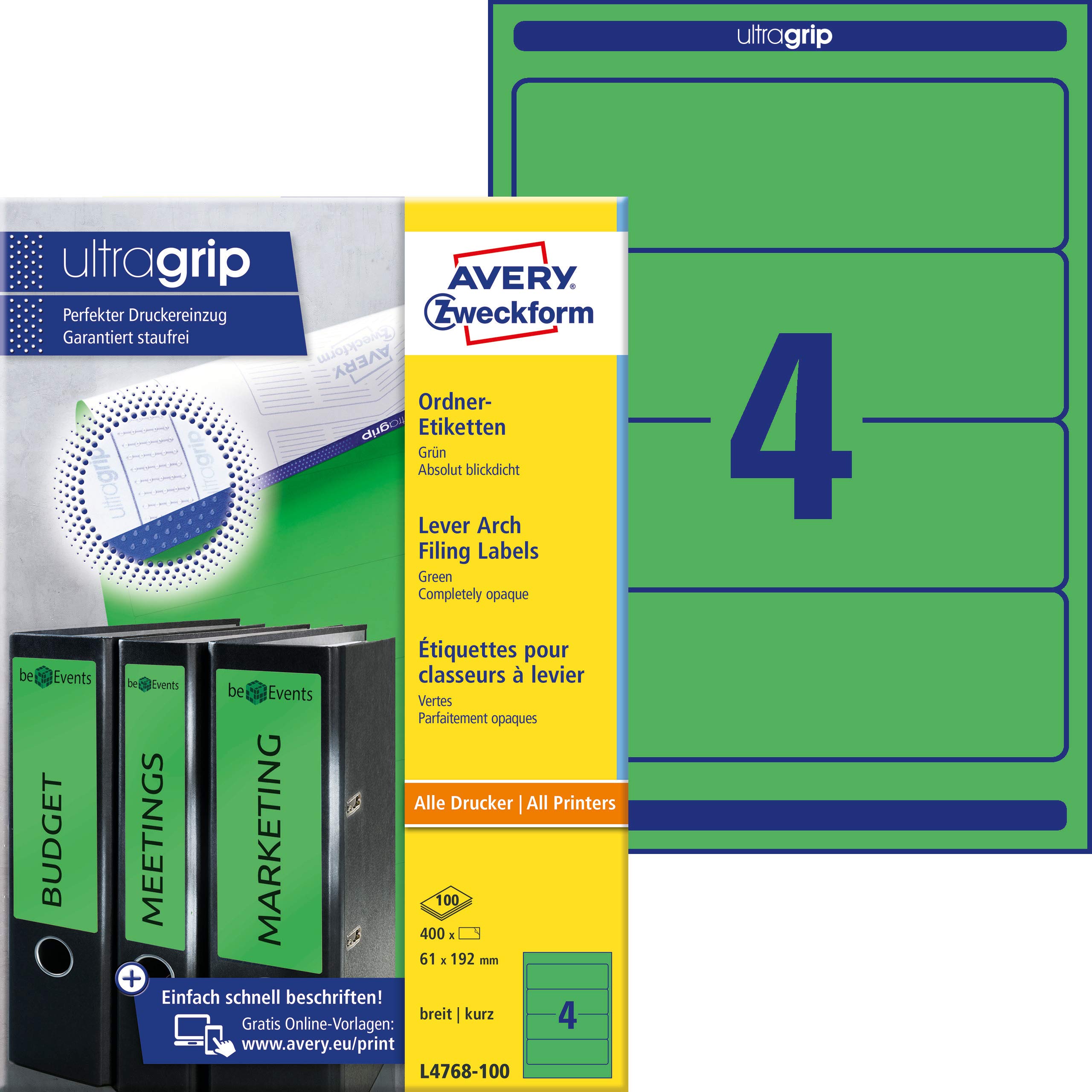 Avery Zweckform L4768 100 Folders A4 (Pack of 400 Labels 192 x 61 mm 100 Sheets Green
